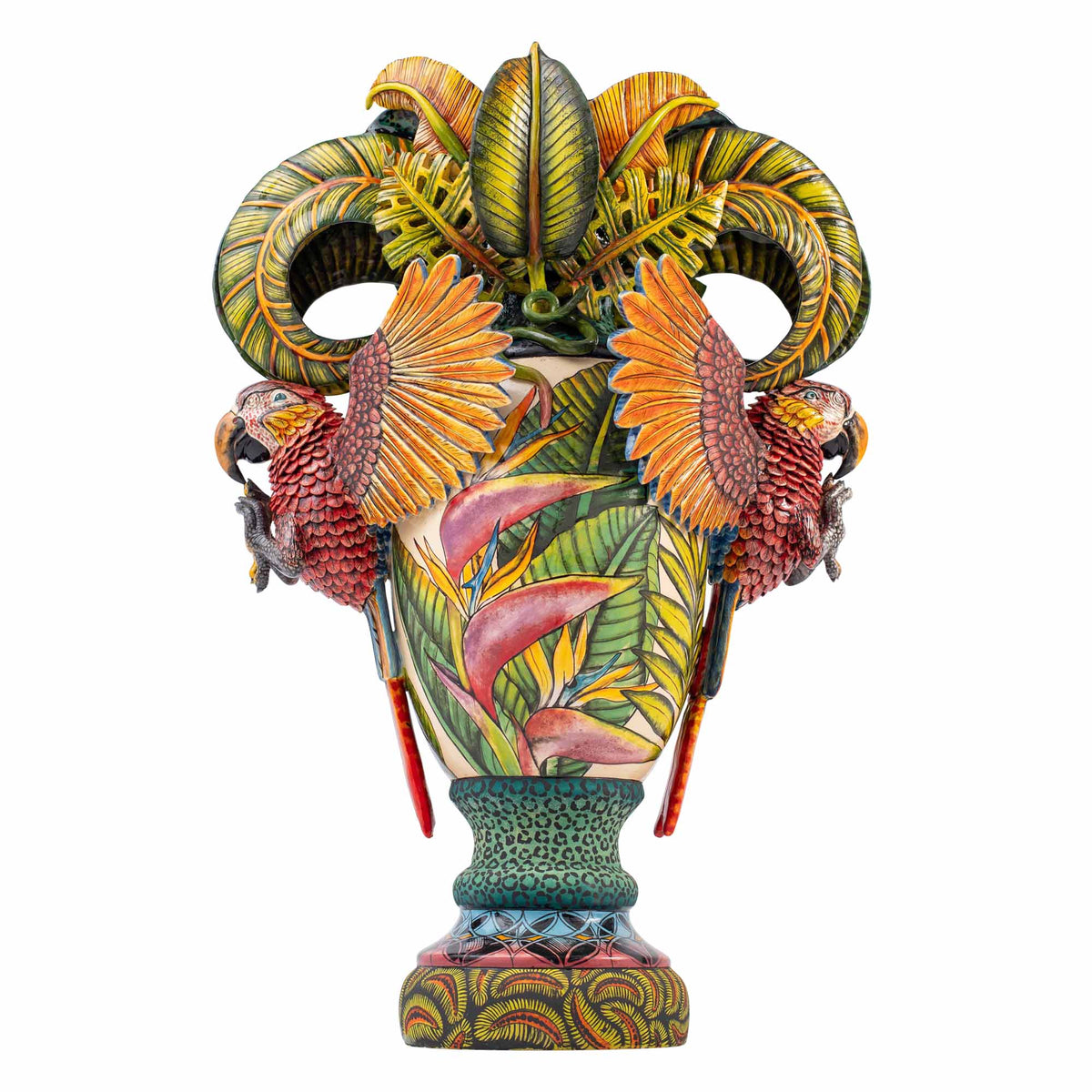 Parrot & palm leaves, heliconia flower vase