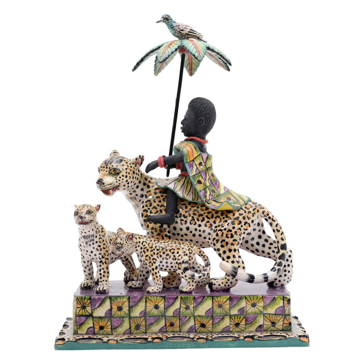 African woman on leopard rider sculpture