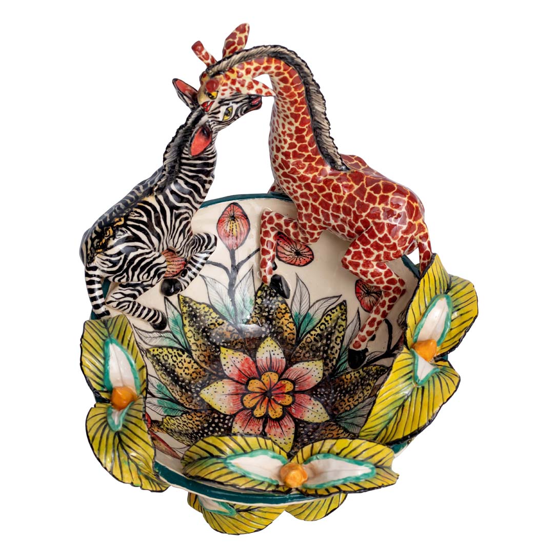 Giraffes, zebras & flowers bowl
