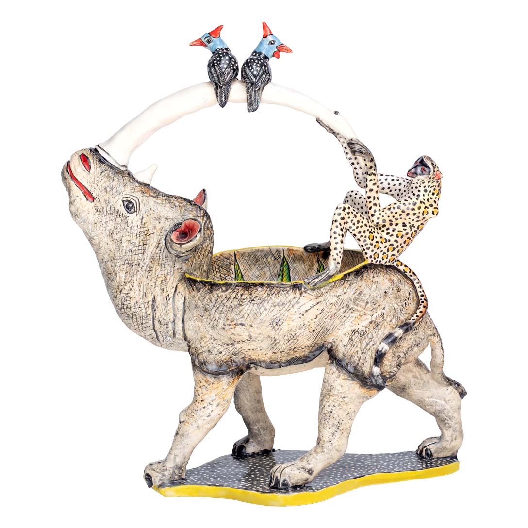 Rhino, playful monkey & guineafowls peanut bowl