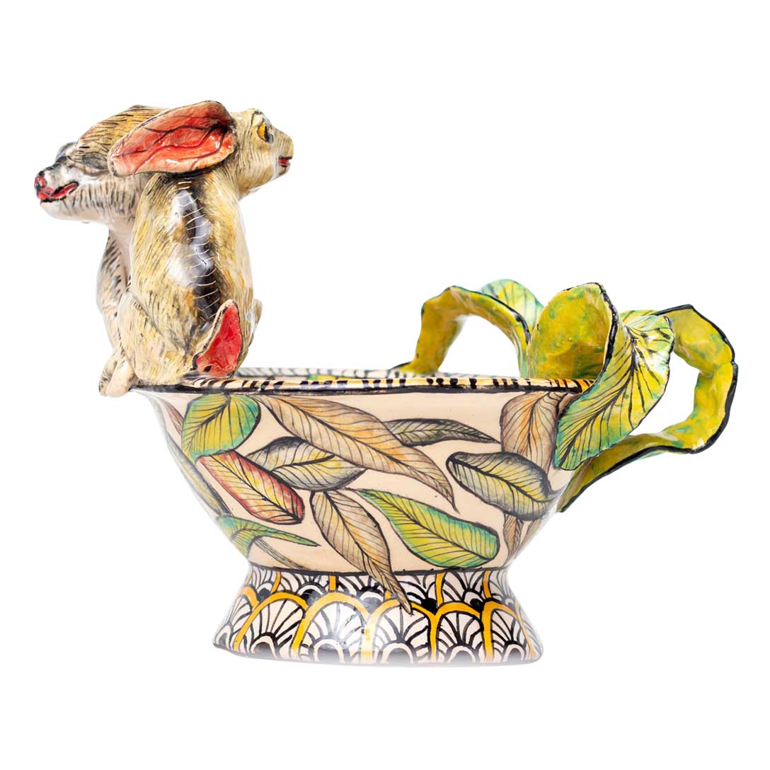 Rabbits & flower sculptured bowl