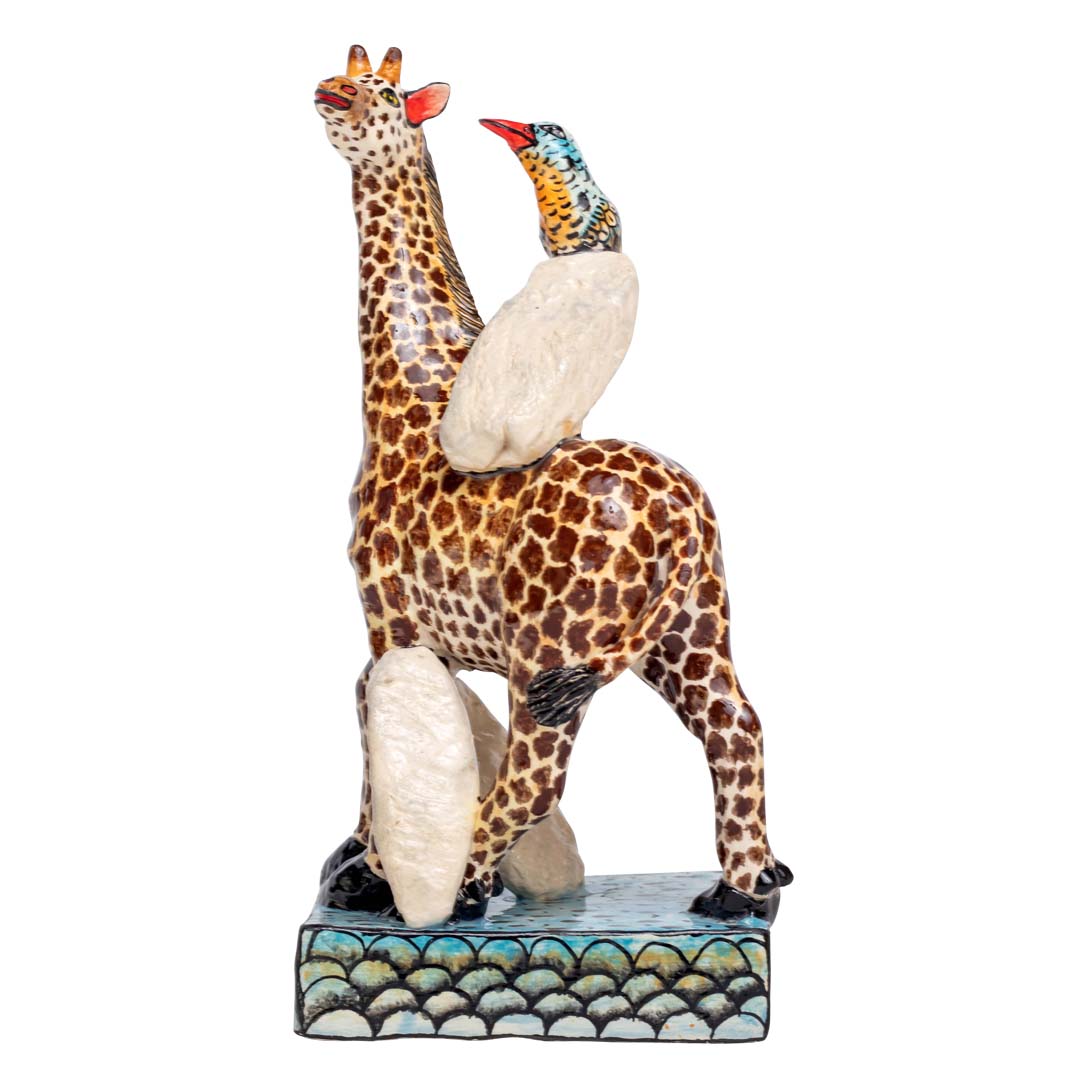 Giraffe & bird rider sculpture