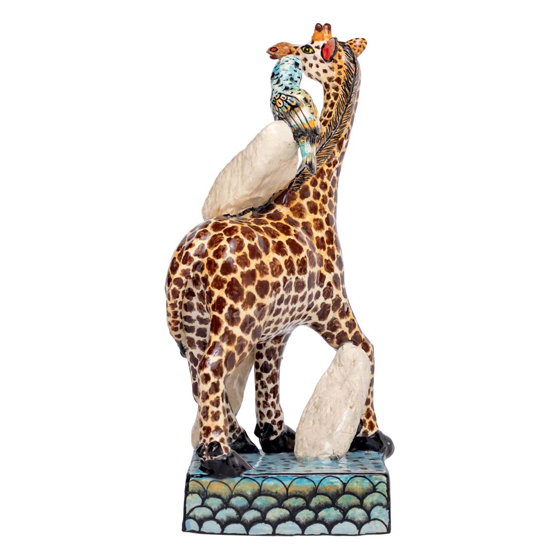 Giraffe & bird rider sculpture