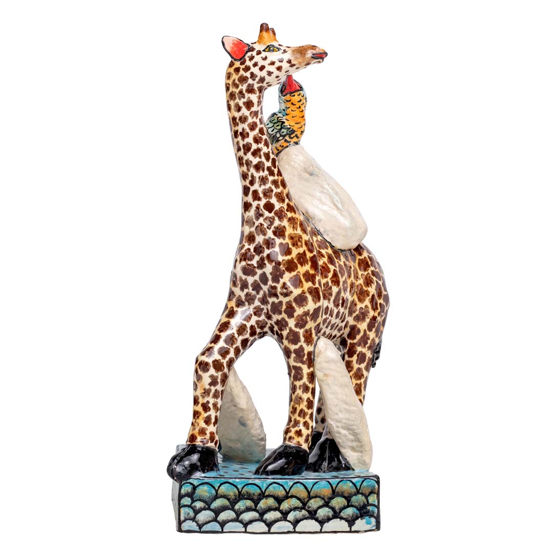 Giraffe & bird rider sculpture