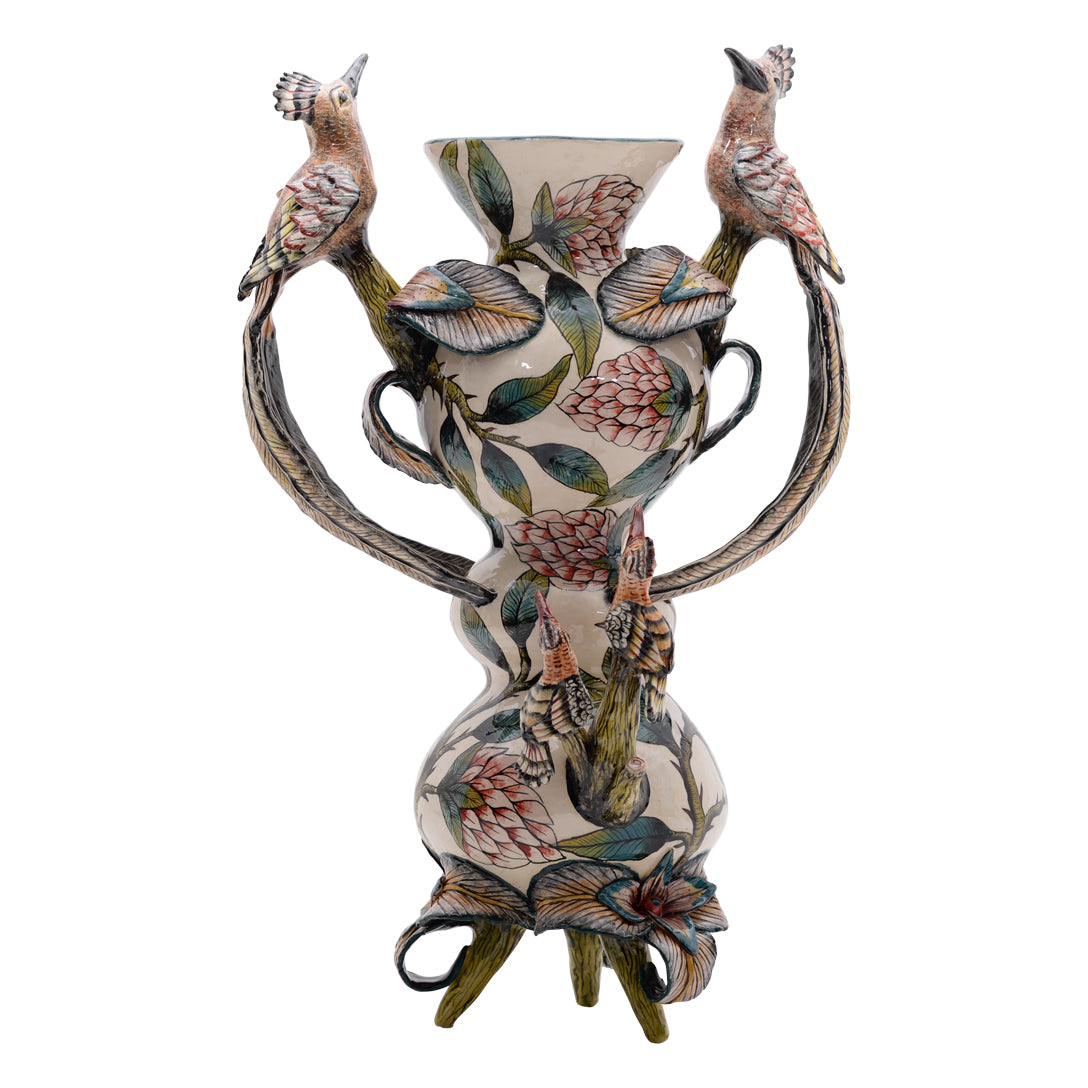 Hoopoes and proteas vase
