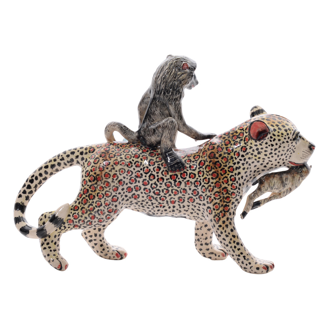 Leopard baboon rider sculpture