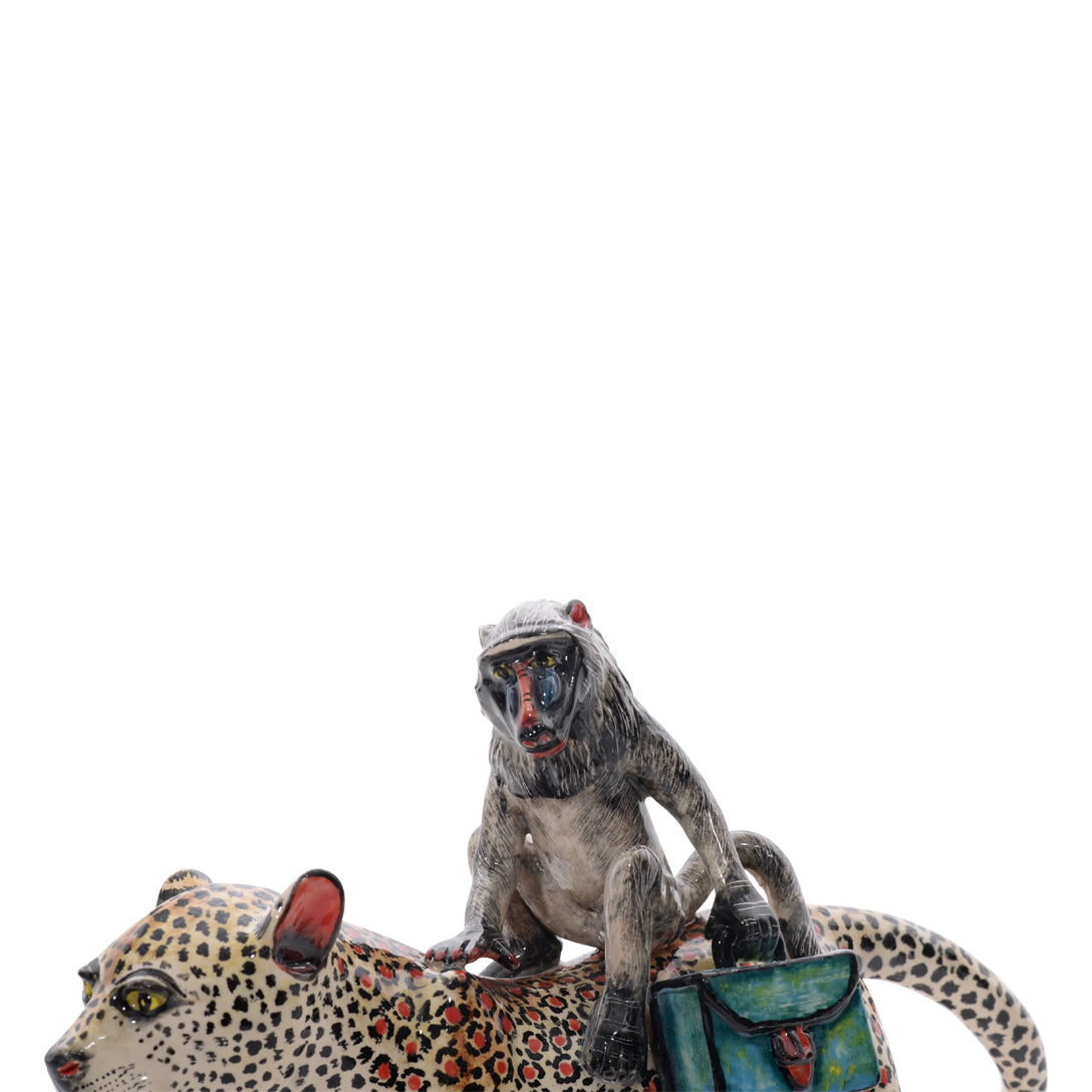 Leopard baboon rider sculpture