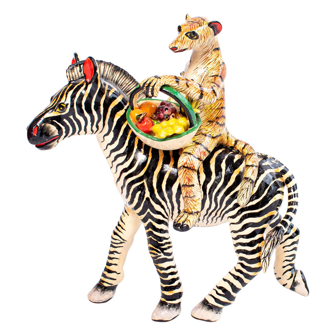 Zebra & mongoose rider sculpture