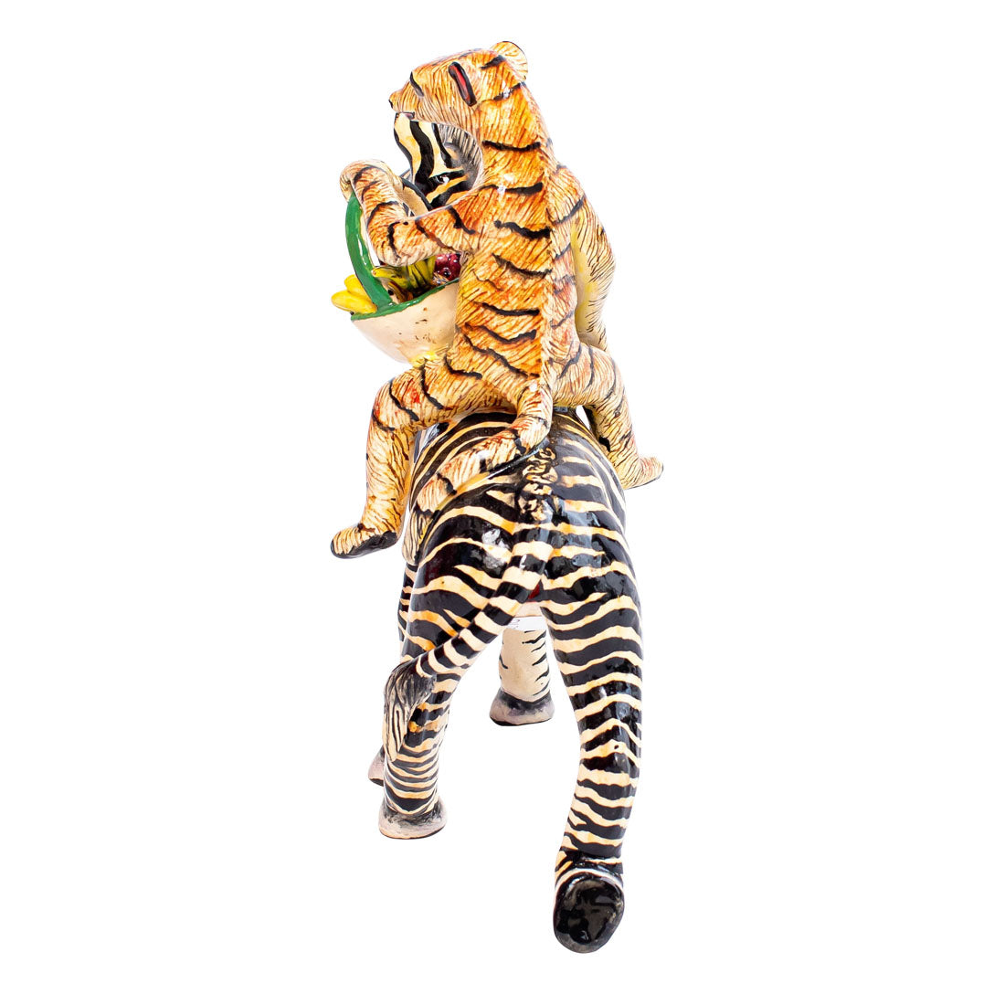 Zebra & mongoose rider sculpture