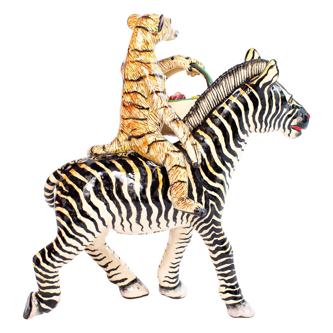 Zebra & mongoose rider sculpture