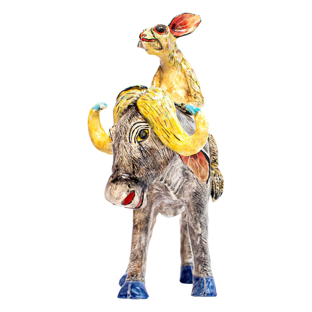 Buffalo bush baby rider sculpture