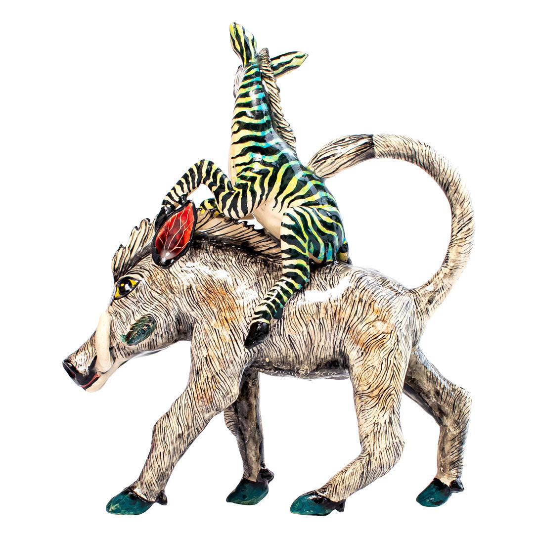 Warthog & zebra rider sculpture