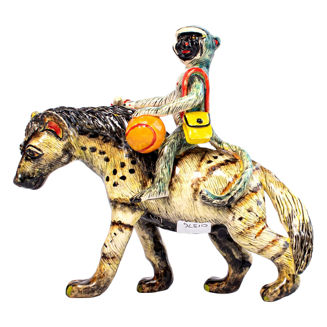 Hyena & monkey rider sculpture