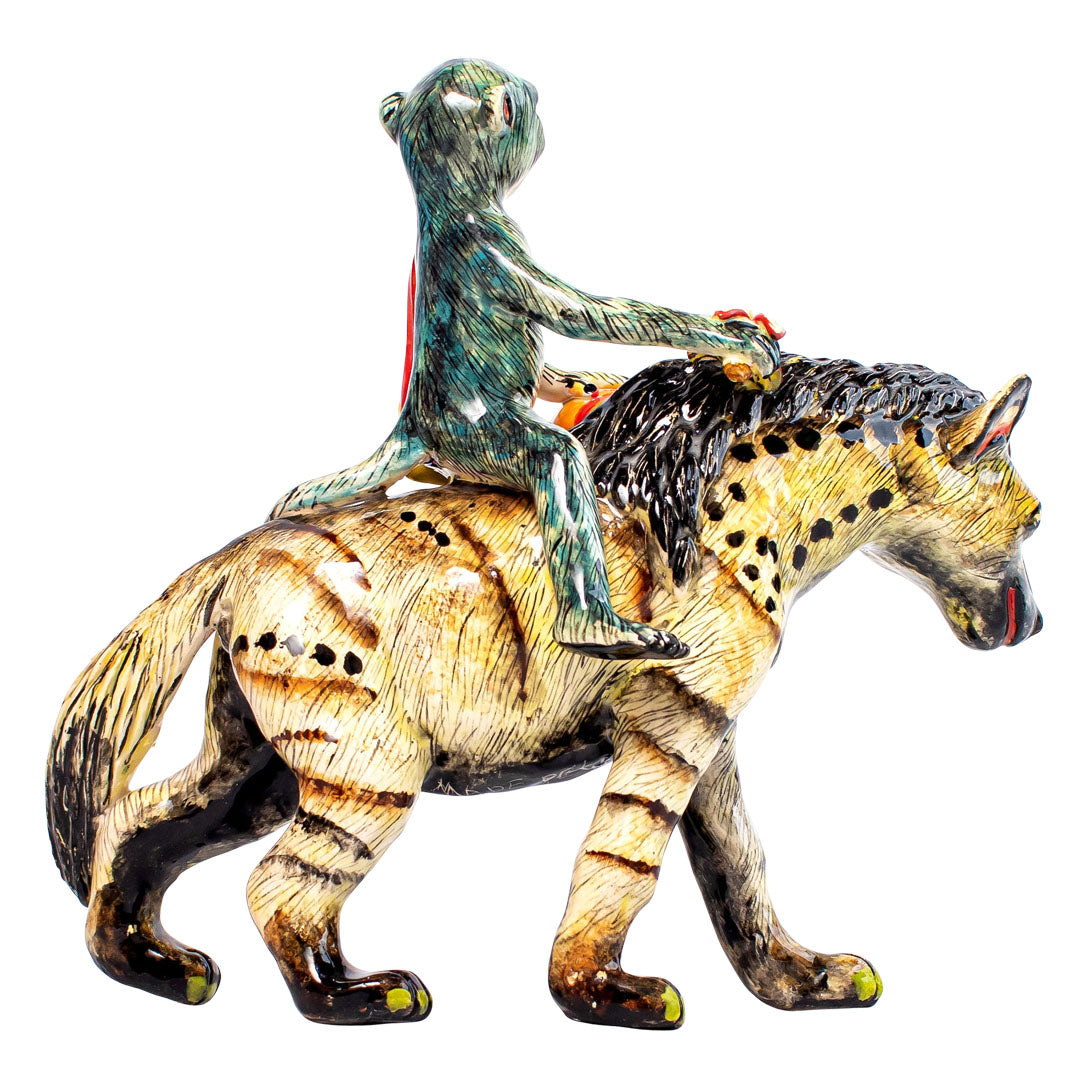 Hyena & monkey rider sculpture
