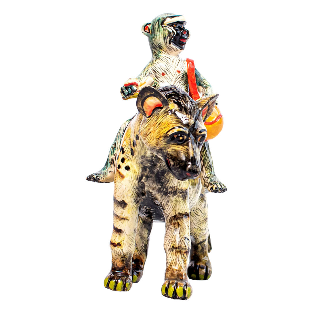 Hyena & monkey rider sculpture