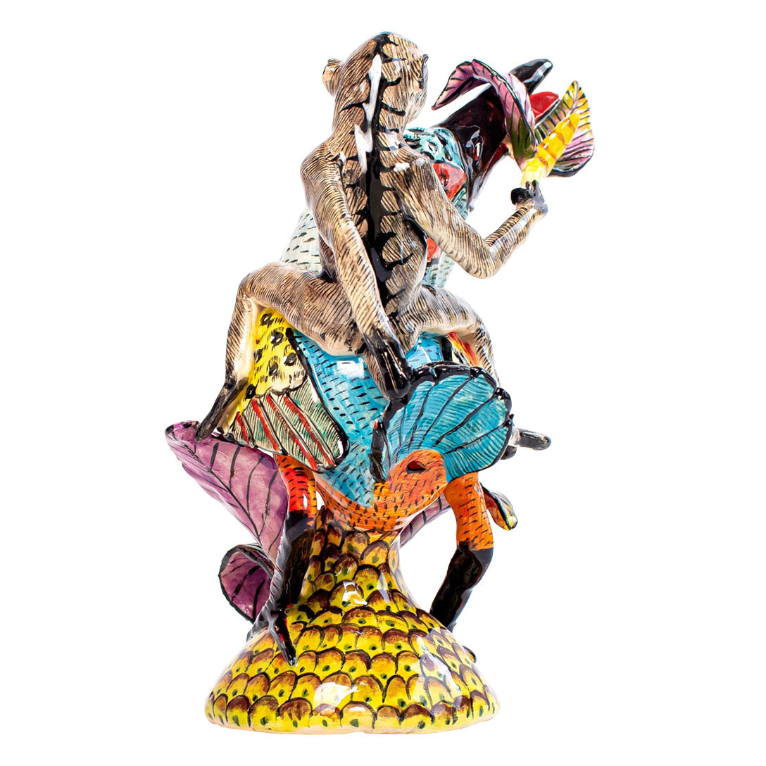 Kingfisher & monkey rider sculpture