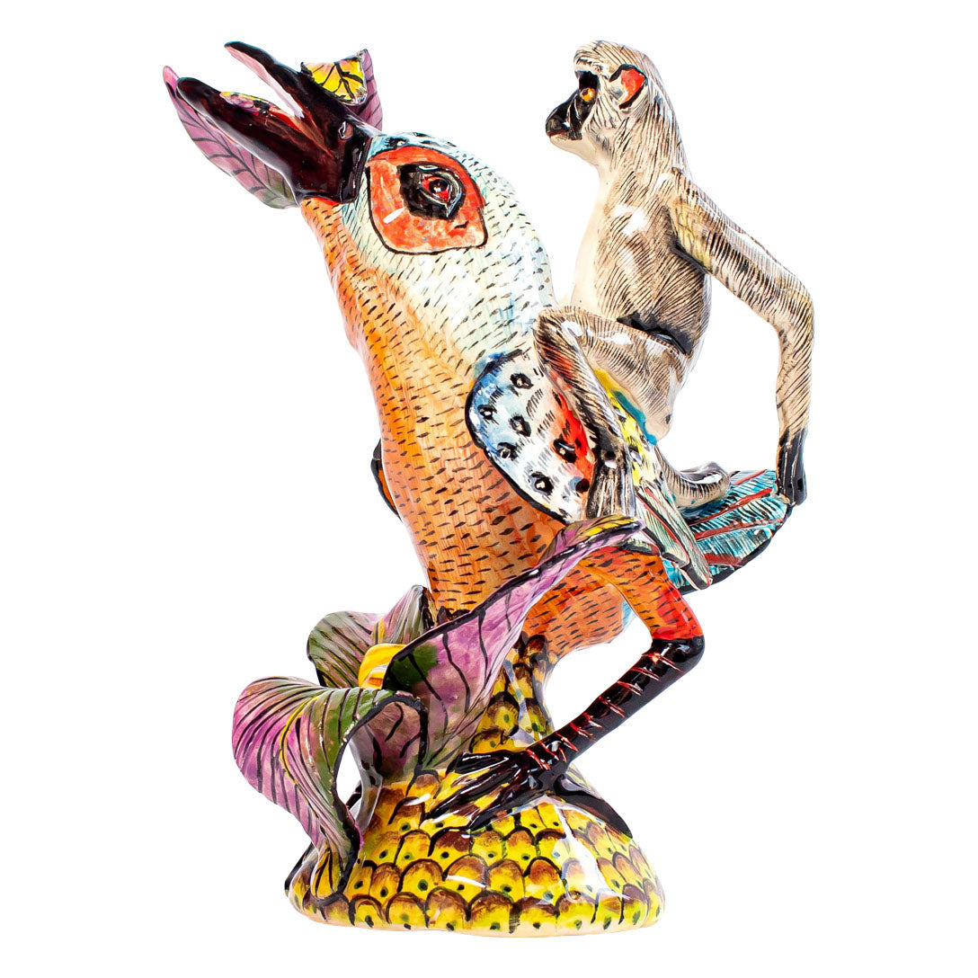 Kingfisher & monkey rider sculpture
