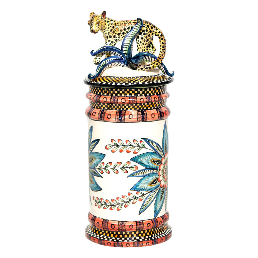 Leopard on blue flower biscuit cookie jar