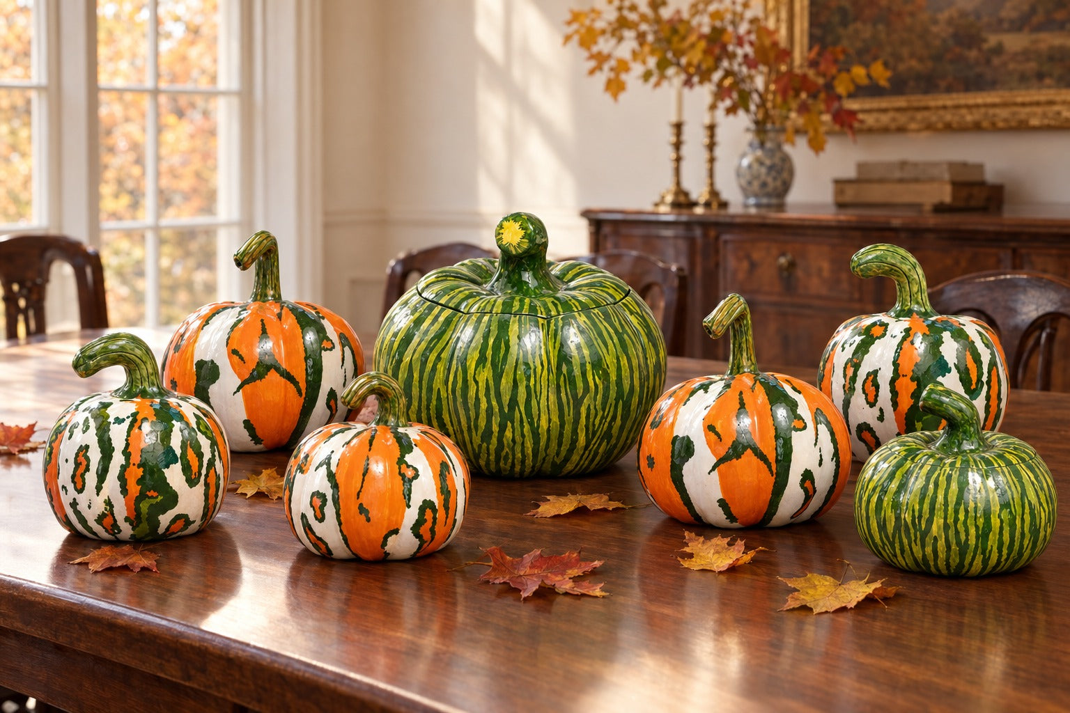 Hand painted ceramic pumpkins along a walnut dining table with autumn leaves