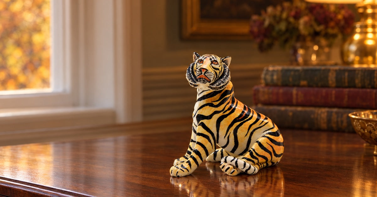 A hand painted ceramic tiger on a walnut console in autumn light