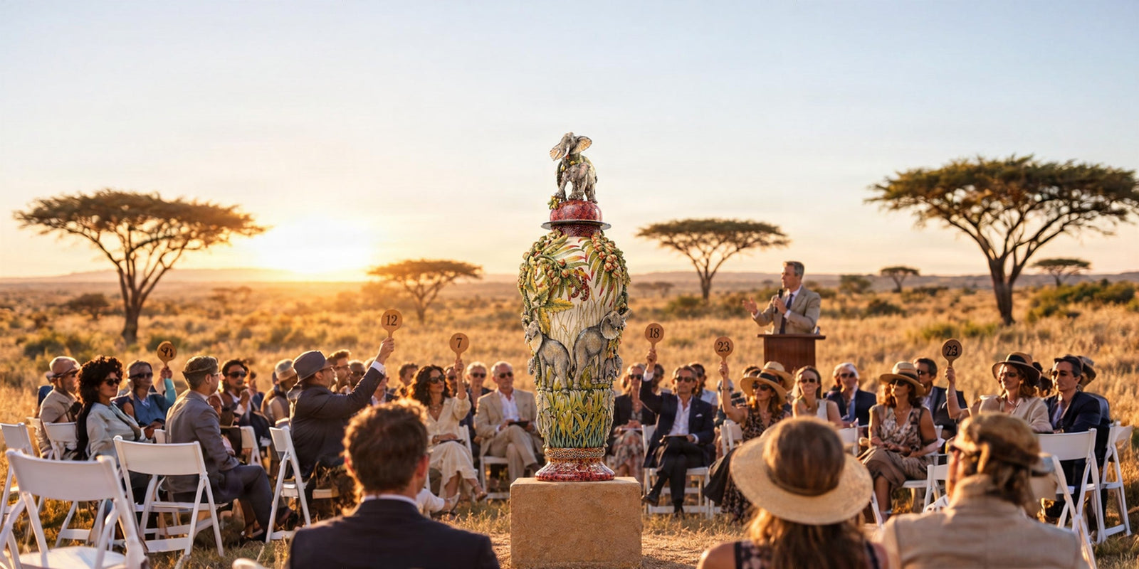 The Love Art elephant urn on a stone plinth in the savanna, among collectors raising auction paddles