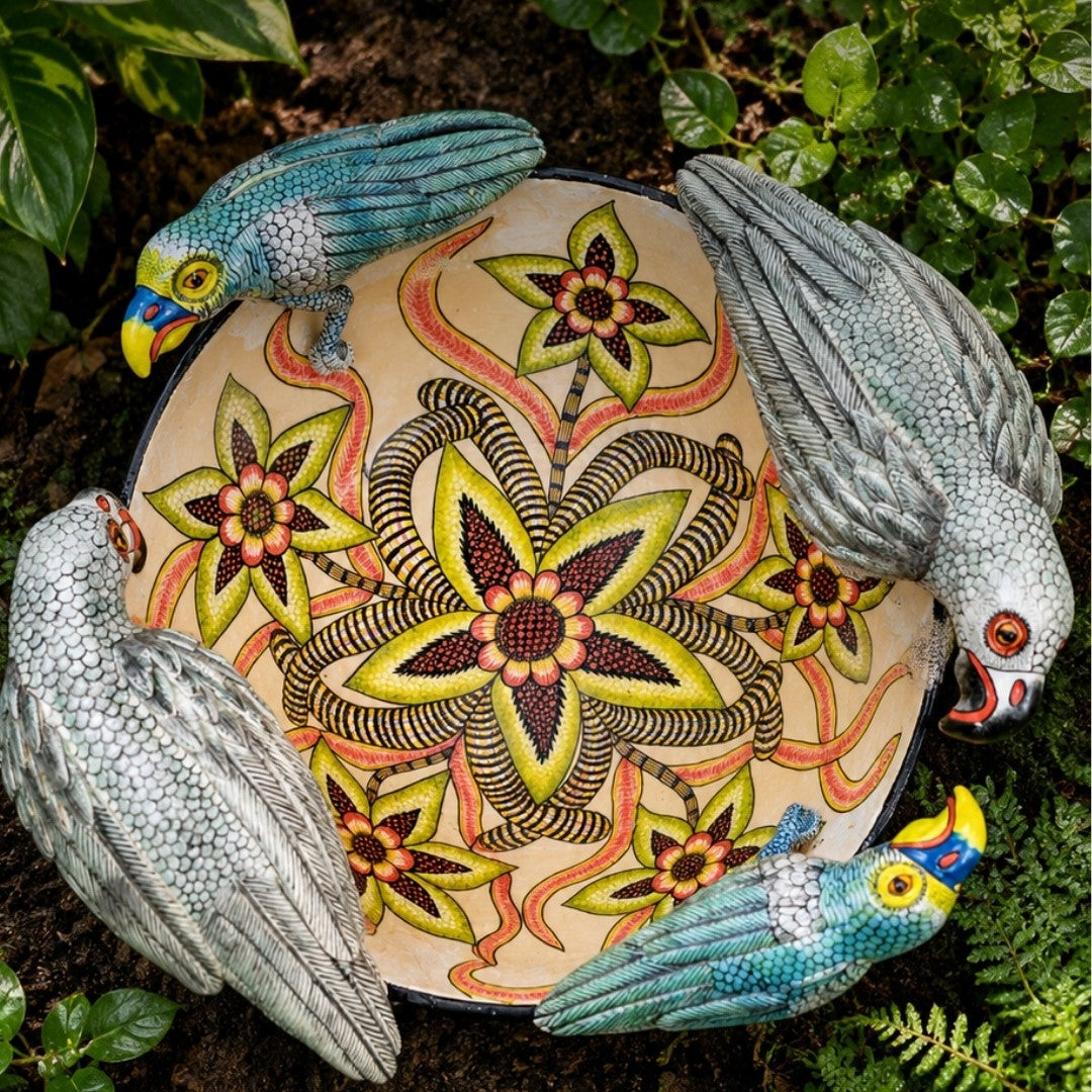 A Love Art bowl with parrots on its rim among garden leaves