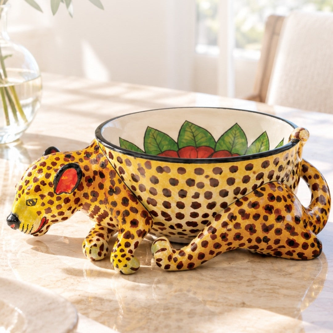A Love Art leopard peanut bowl on a marble table in morning light