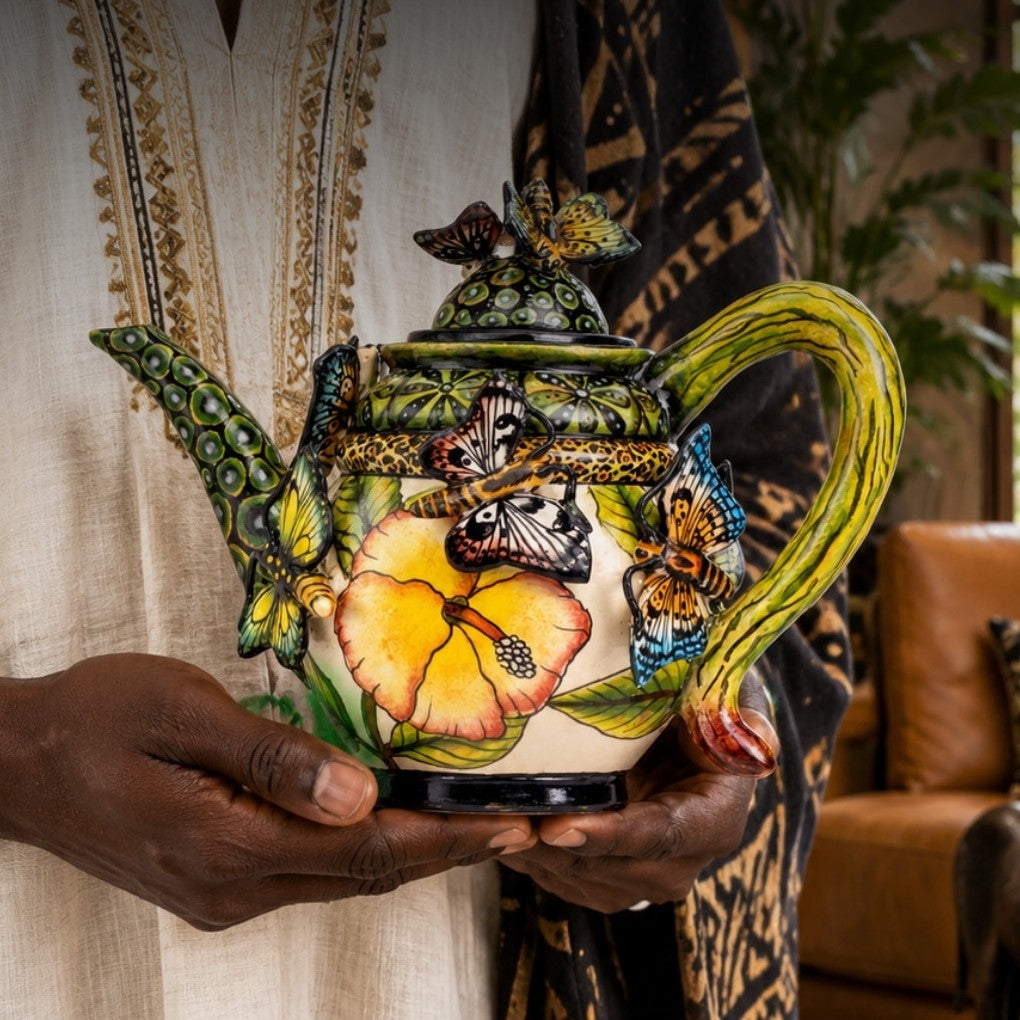 Hands holding a Wiseman butterfly teapot painted with a yellow hibiscus