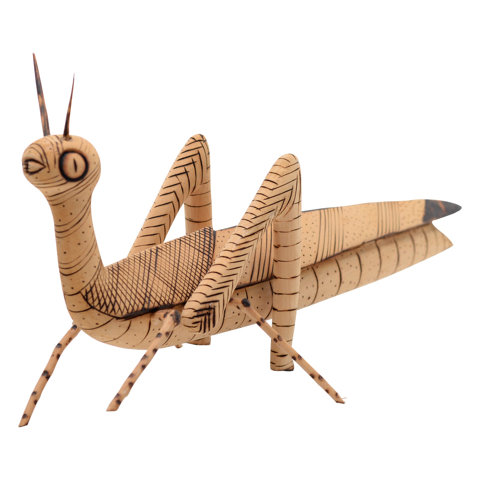 Whimsical grasshopper sculpture