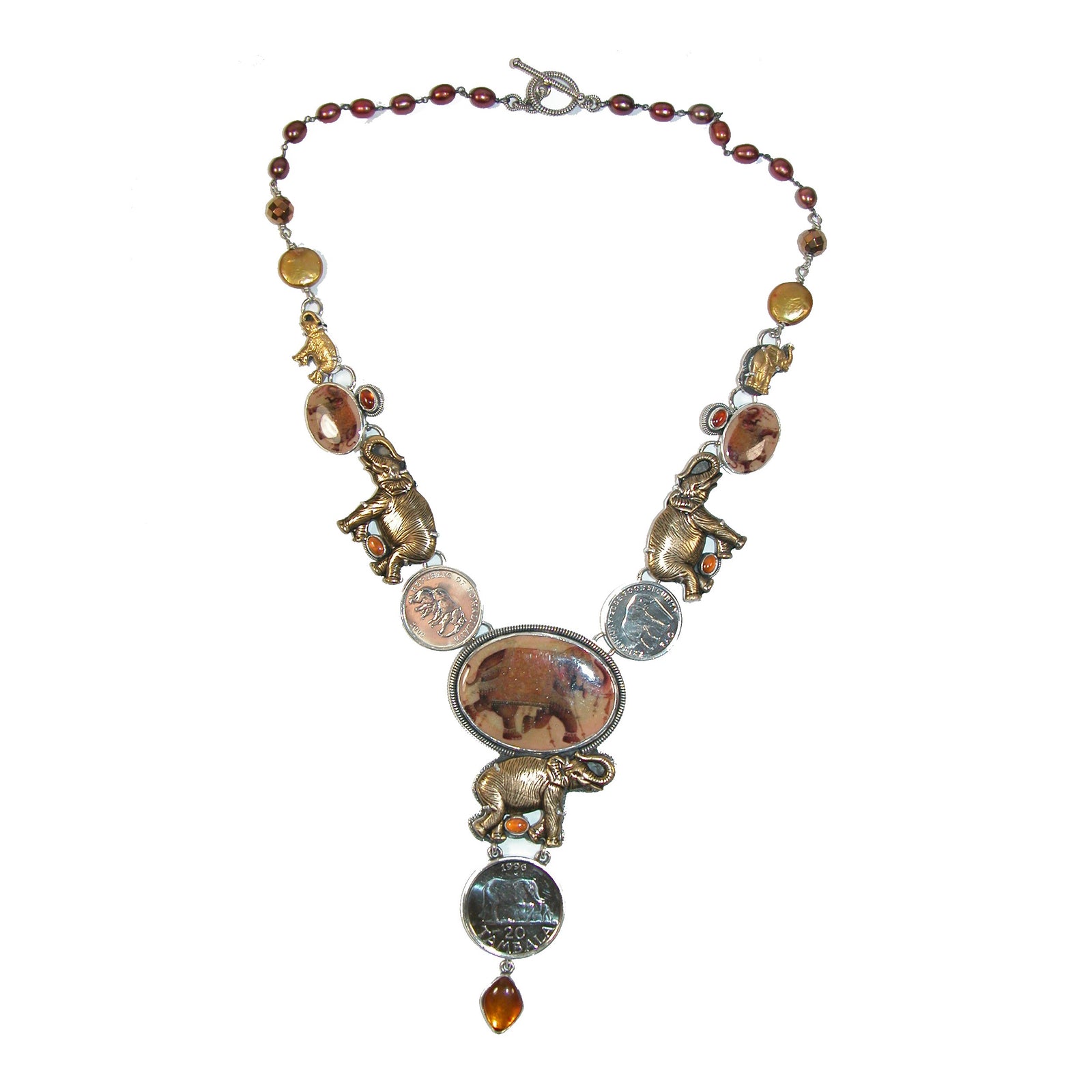 Mixed metal elephant tile and coin necklace