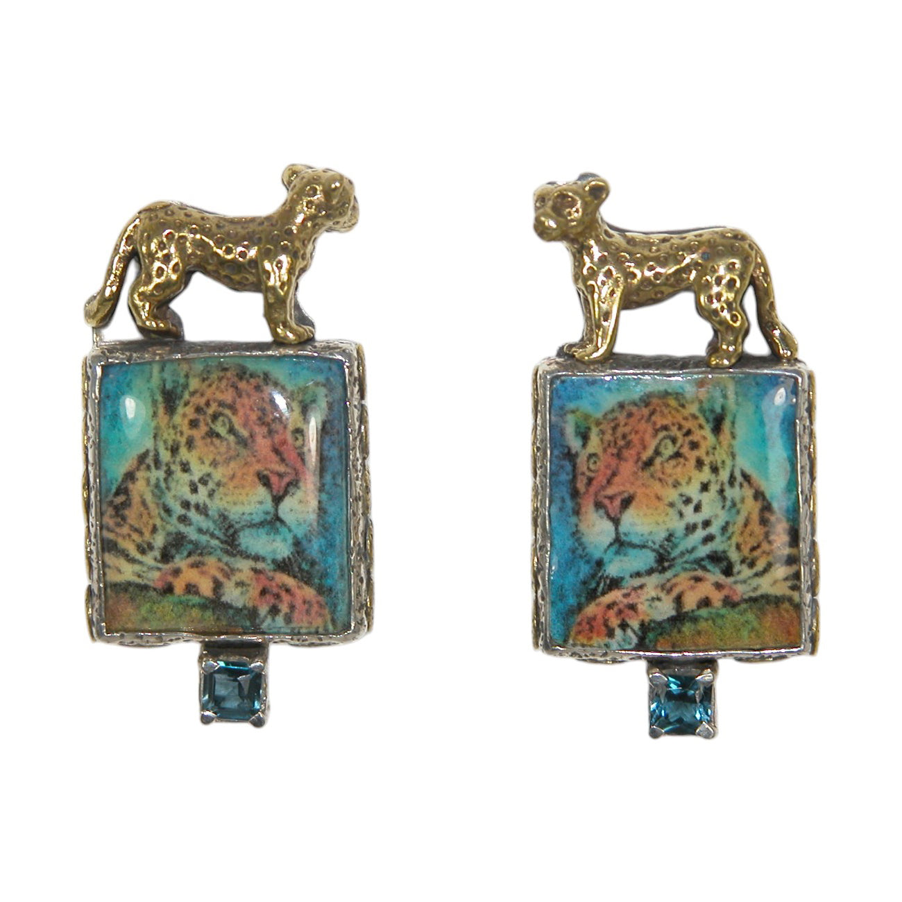 Leopard tile with blue topaz earrings