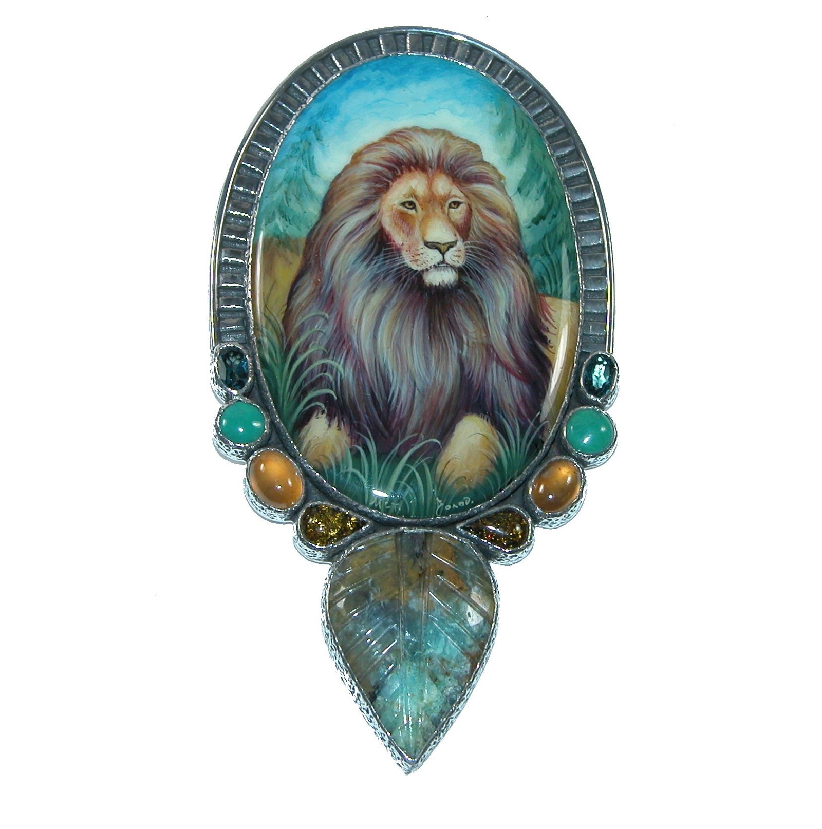 Hand painted lion on black onyx pin pendant
