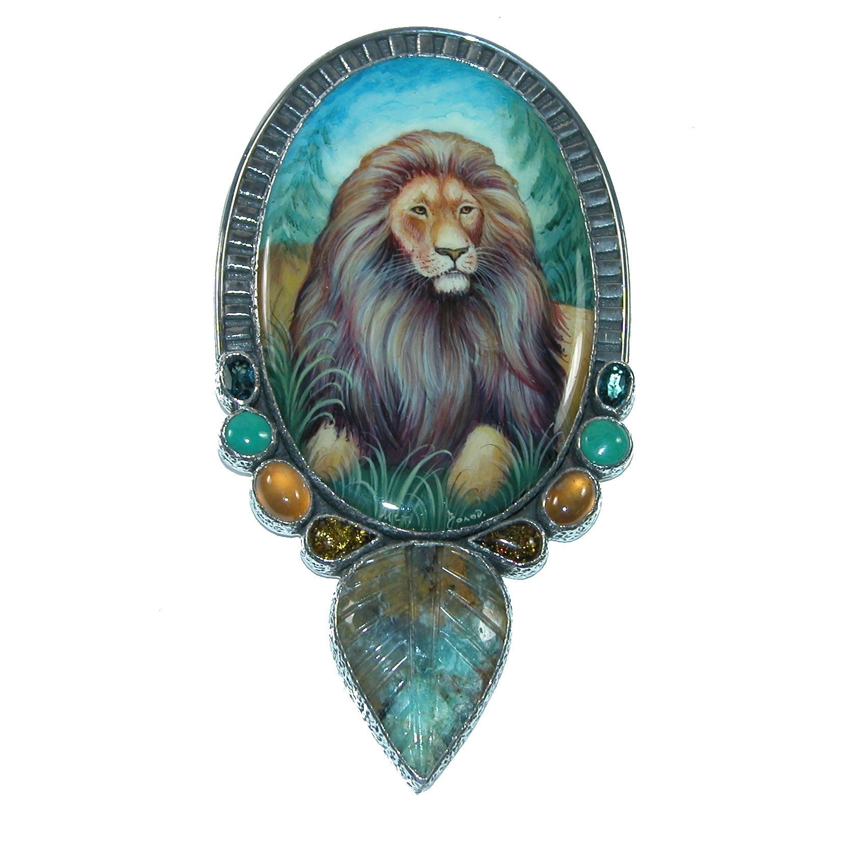 Hand painted lion on black onyx pin pendant