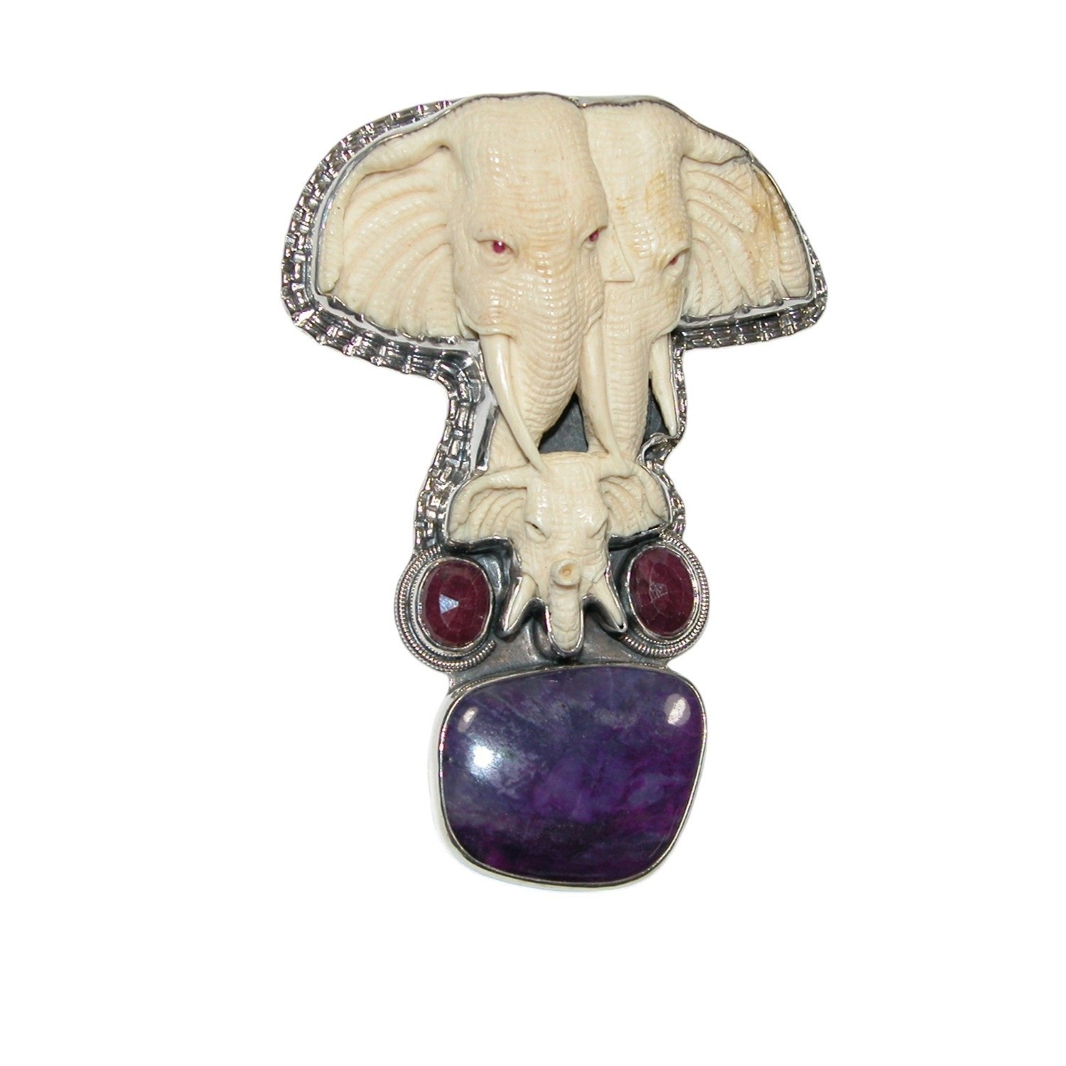 Hand carved elephants with sugilite pin pendant