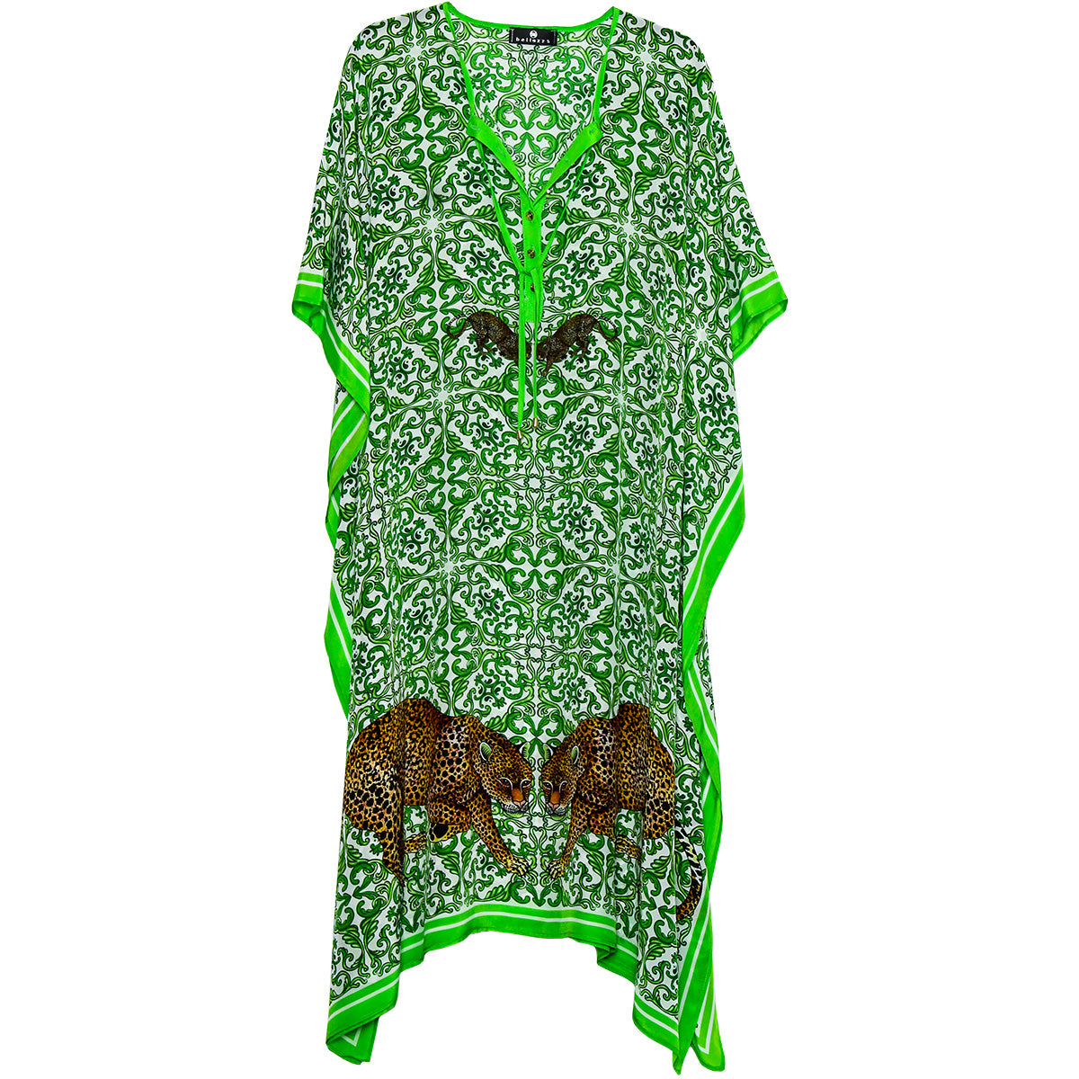 Long green silk leopard-print kaftan