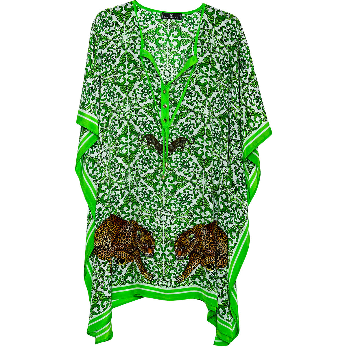 Short green silk leopard-print kaftan