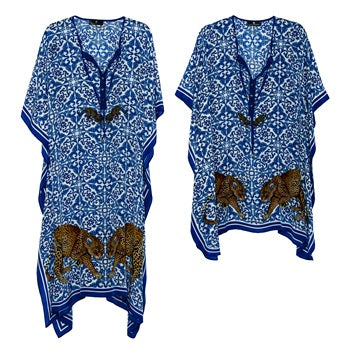 Long navy blue silk leopard-print kaftan