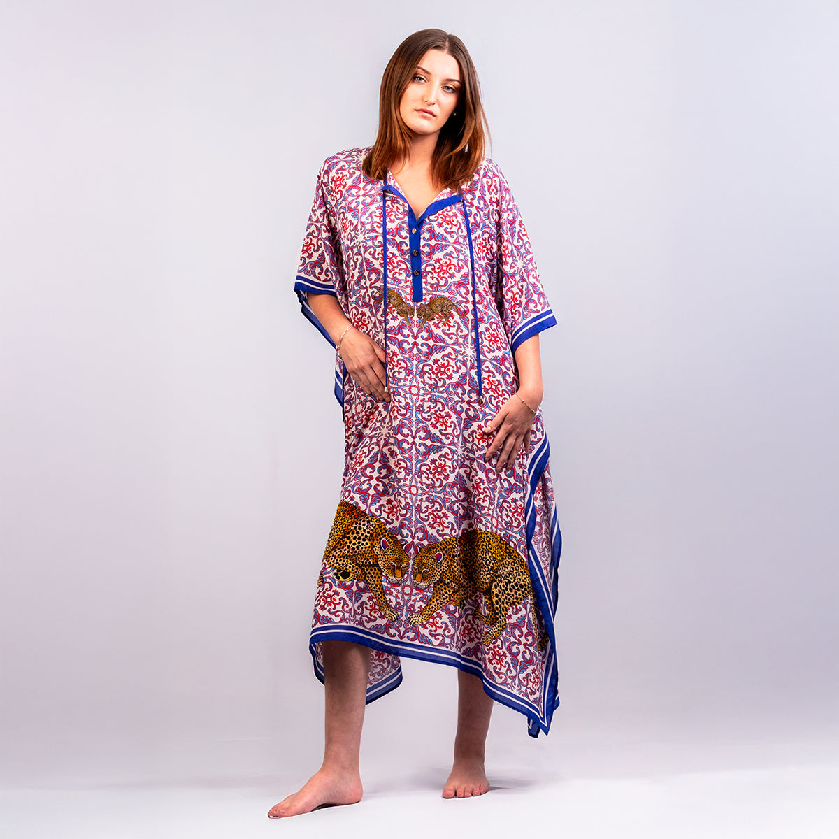 Long red & blue silk leopard-print kaftan