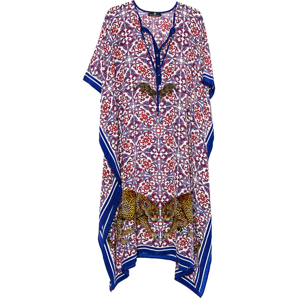 Long red & blue silk leopard-print kaftan