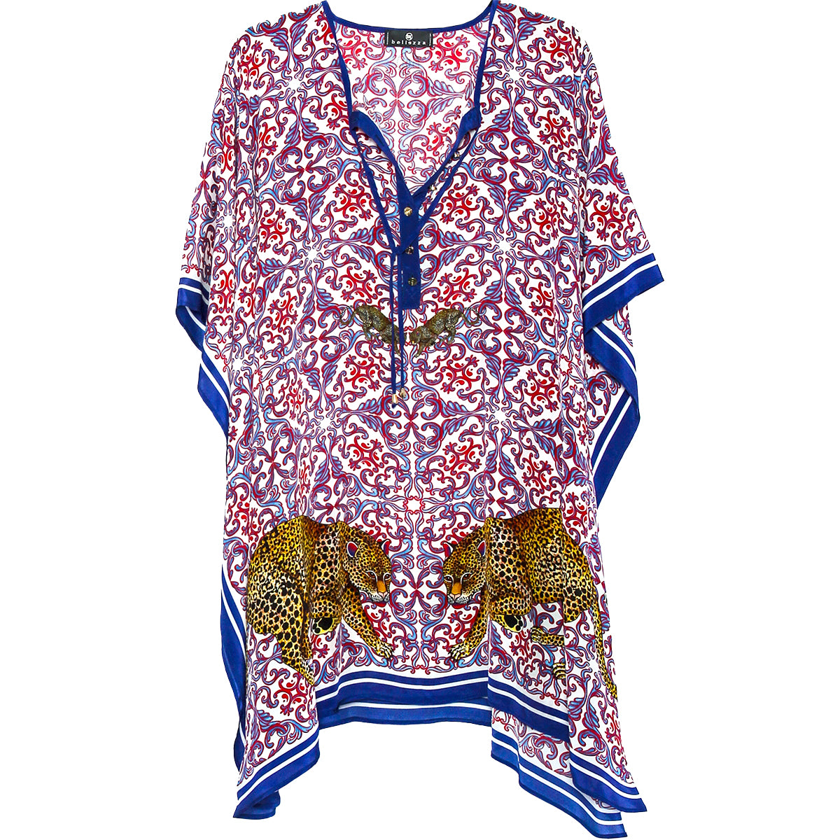 Short red & blue silk leopard-print kaftan