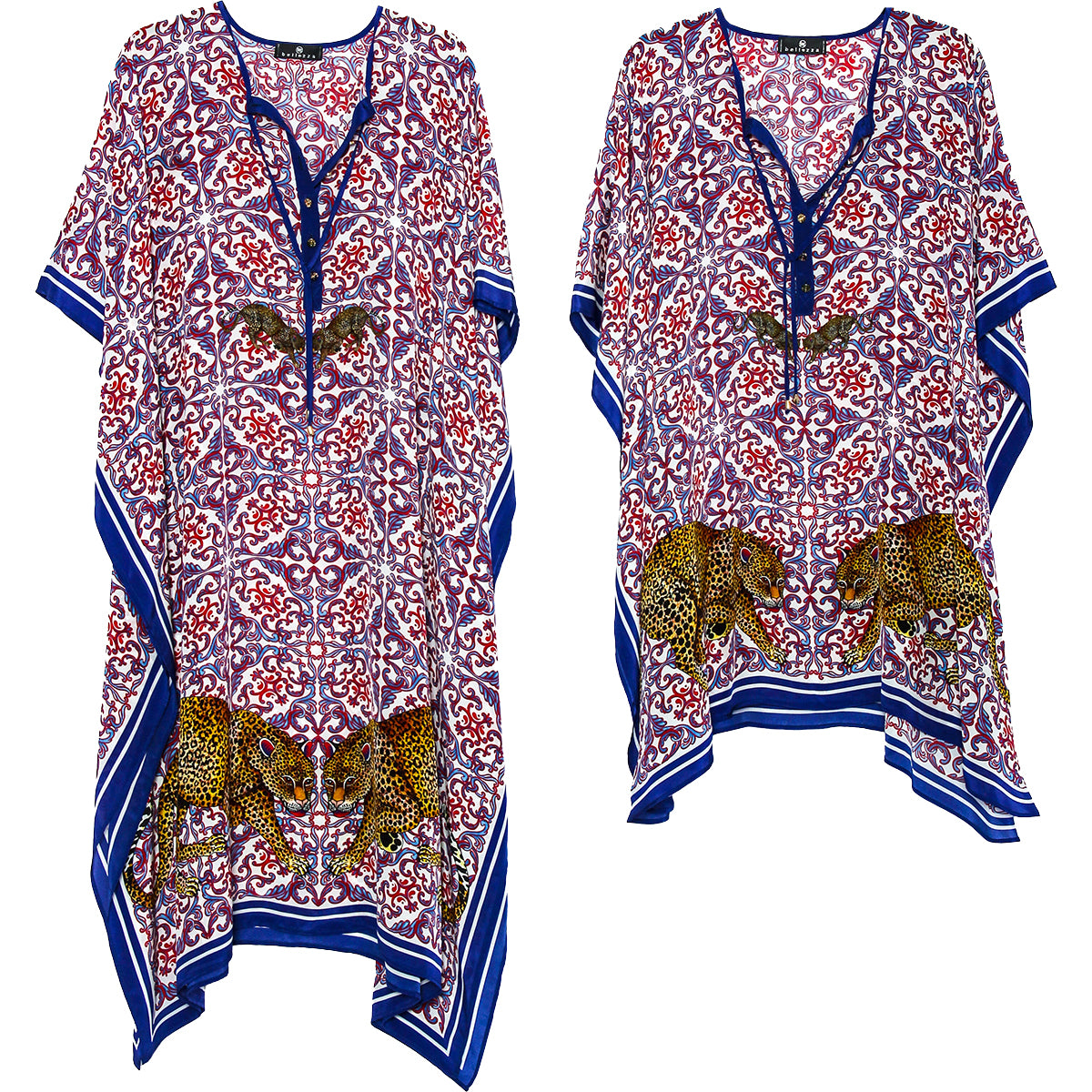 Short red & blue silk leopard-print kaftan