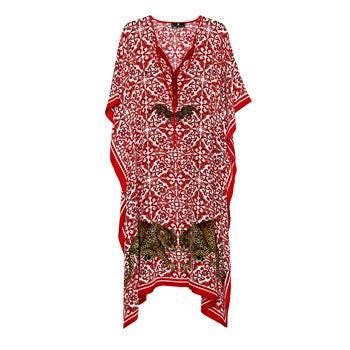 Long red silk leopard-print kaftan