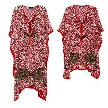 Long red silk leopard-print kaftan