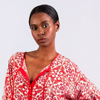 Long red silk leopard-print kaftan