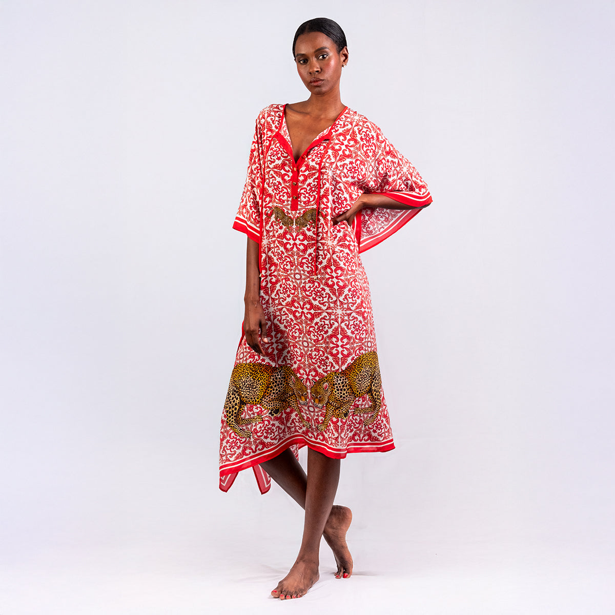 Long red silk leopard-print kaftan