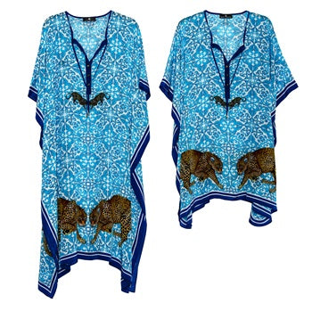 Long turquoise blue silk leopard-print kaftan