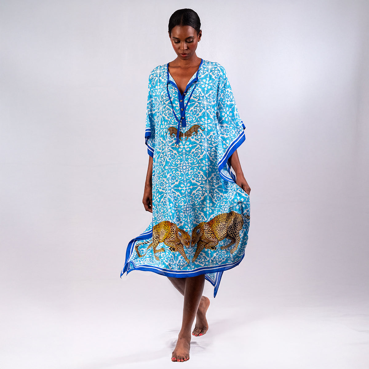 Long turquoise blue silk leopard-print kaftan