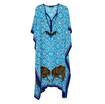 Long turquoise blue silk leopard-print kaftan