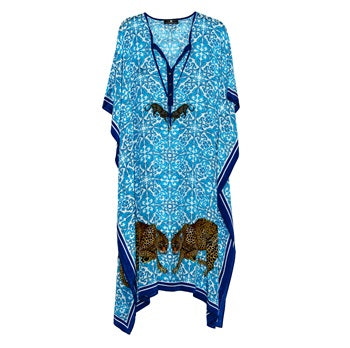 Short turquoise blue silk leopard-print kaftan