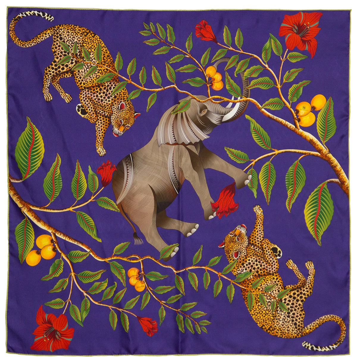 Small, blue & black silk scarf with elephant, leopards & red flowers 35 in